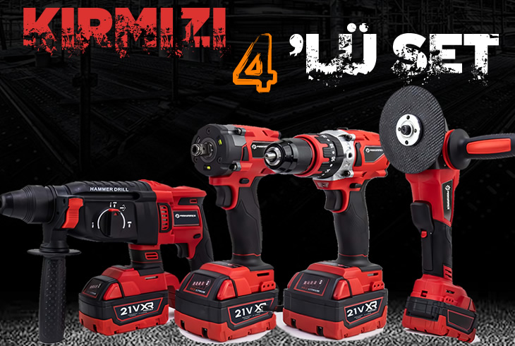 Prohummer PH304 Profesyonel Yeni Kırmızı 4lü Set Makine - 350Nm Somun Sökme, Kırıcı Delici, 125mm Avuç Taşlama, 13mm Vidalama Matkap