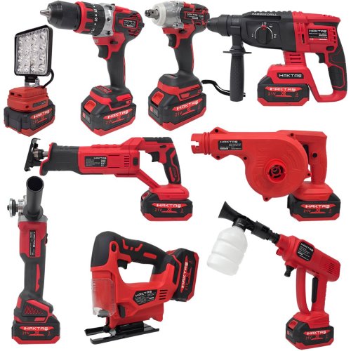 Haktaş HKT1025 Yeni Nesil Kırmızı 9lu Kömürsüz Akülü Makine Seti 21V 3ah (Kırıcı Delici, Somun Sıkma, Vidalama, Led Işık, Avuç Taşlama, Dekupaj, Hava Üfleme, Araç Yıkama, Tilki Kuyruğu Testere)