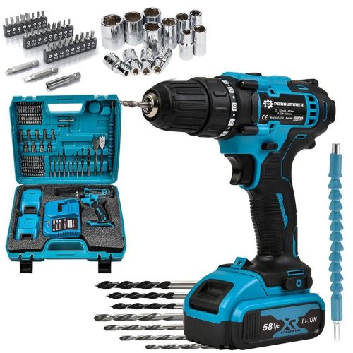 Prohummer PH095 58vf 5ah Çelik Şanzıman Bakır Sargılı 3 Pilli Çift Akülü Vidalama Şarjlı Matkap 84 Parça