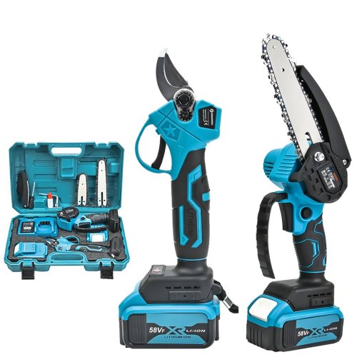 Prohummer PH101 2li Bahçe Seti 58 Vf 5 Ah Çift Akülü Çelik Şanzıman Şarjlı Dal Budama ve Testeresi (Mavi)