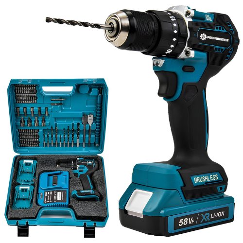 Prohummer PH251 Kömürsüz 58vf 5ah Çelik Gövde Çelik Şanzıman Bakır Sargılı 5 Pilli Çift Akülü Vidalama Şarjlı Matkap 84 Parça