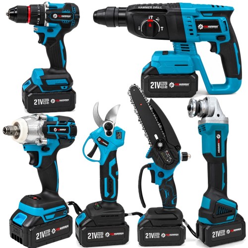 Prohummer PH253 Profesyonel Akülü Süper 6lı Set Makina125mm Avuç Taşlama, Sds Plus Kırıcı Delici, Somun Sıkma Sökme, Vidalama Matkap, Budama Testere, Budama Makası