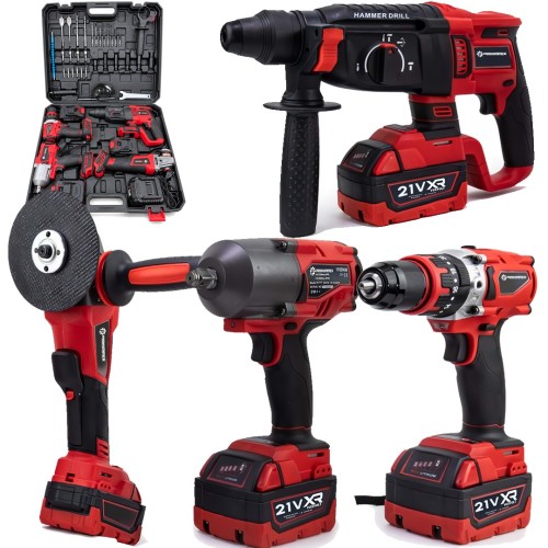 Prohummer PH303 Profesyonel Yeni Kırmızı 4lü Set Makine - Somun Sökme, Kırıcı Delici, 125mm Avuç Taşlama, 13mm Vidalama Matkap