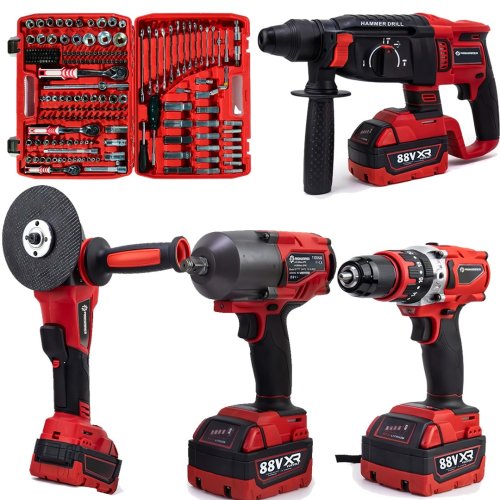Prohummer PH307 Yeni Kırmızı Akülü 4lü Set Makine ve 216 Parça Tamirci Seti - 1100Nm Somun Sökme, Kırıcı Delici, Avuç Taşlama, Vidalama Matkap + 216 Parça Tamirci Seti