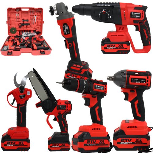 Prohummer ST777 Profesyonel Akülü Kırmızı Süper 6lı Set Makina 21v 3ah 125mm Avuç Taşlama, Sds Plus Kırıcı Delici, Somun Sıkma Sökme, Vidalama Matkap, Budama Testere, Budama Makası