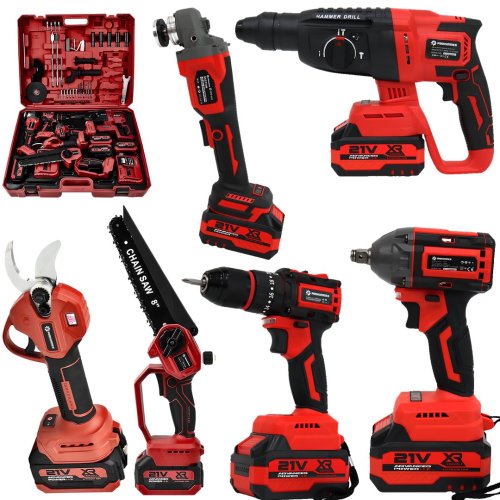Prohummer PH326 Yeni Profesyonel Akülü Kırmızı Süper 6lı Set Makina 21v 3ah 125mm Avuç Taşlama, Sds Plus Kırıcı Delici, Somun Sıkma Sökme, Vidalama Matkap, Budama Testere, Budama Makası