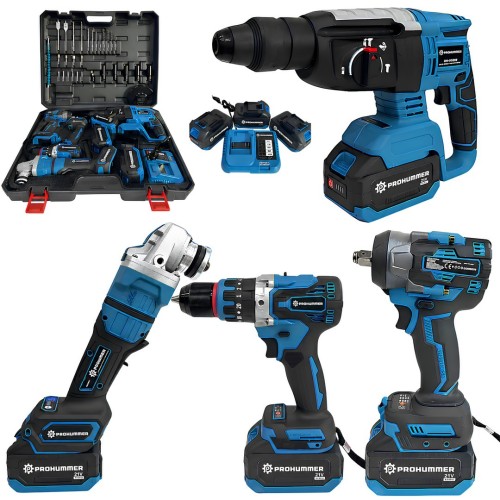 Prohummer PH339 Kömürsüz Akülü 4lü Set 21V 3ah Darbeli Vidalama, Kırıcı Delici Matkap, Devir Ayarlı Avuç Taşlama ve Işıklı 800Nm Somun Sökme