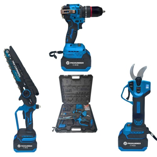 Prohummer PH343 Kömürsüz Akülü 3lü Bahçe Seti - 20cm Dal Budama Testere, Dal Budama Makası ve Vidalama Matkap