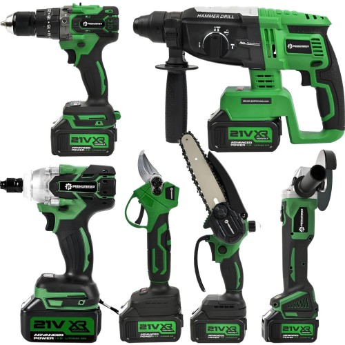 Prohummer PH348 Yeşil Profesyonel Akülü Süper 6lı Set Makina - 125mm Avuç Taşlama, Sds Plus Kırıcı Delic, Somun Sıkma Sökme, Vidalama Matkap, Budama Testere, Budama Makası