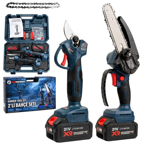 Prohummer PHM001 Profesyonel Akülü Kömürsüz Motor 2li Bahçe Seti - 32mm Dal Budama Makası, 15cm Dal Budama Testeresi 21V 2ah Çift Batarya
