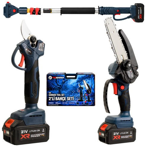 Prohummer PHM011-2M Teleskpik Uzatmalı Profesyonel Akülü Kömürsüz Motor 2li Bahçe Seti - 32mm Dal Budama Makası, 15cm Dal Budama Testeresi ve 2M Uzatma Çubuğu 21V 3ah Çift Batarya